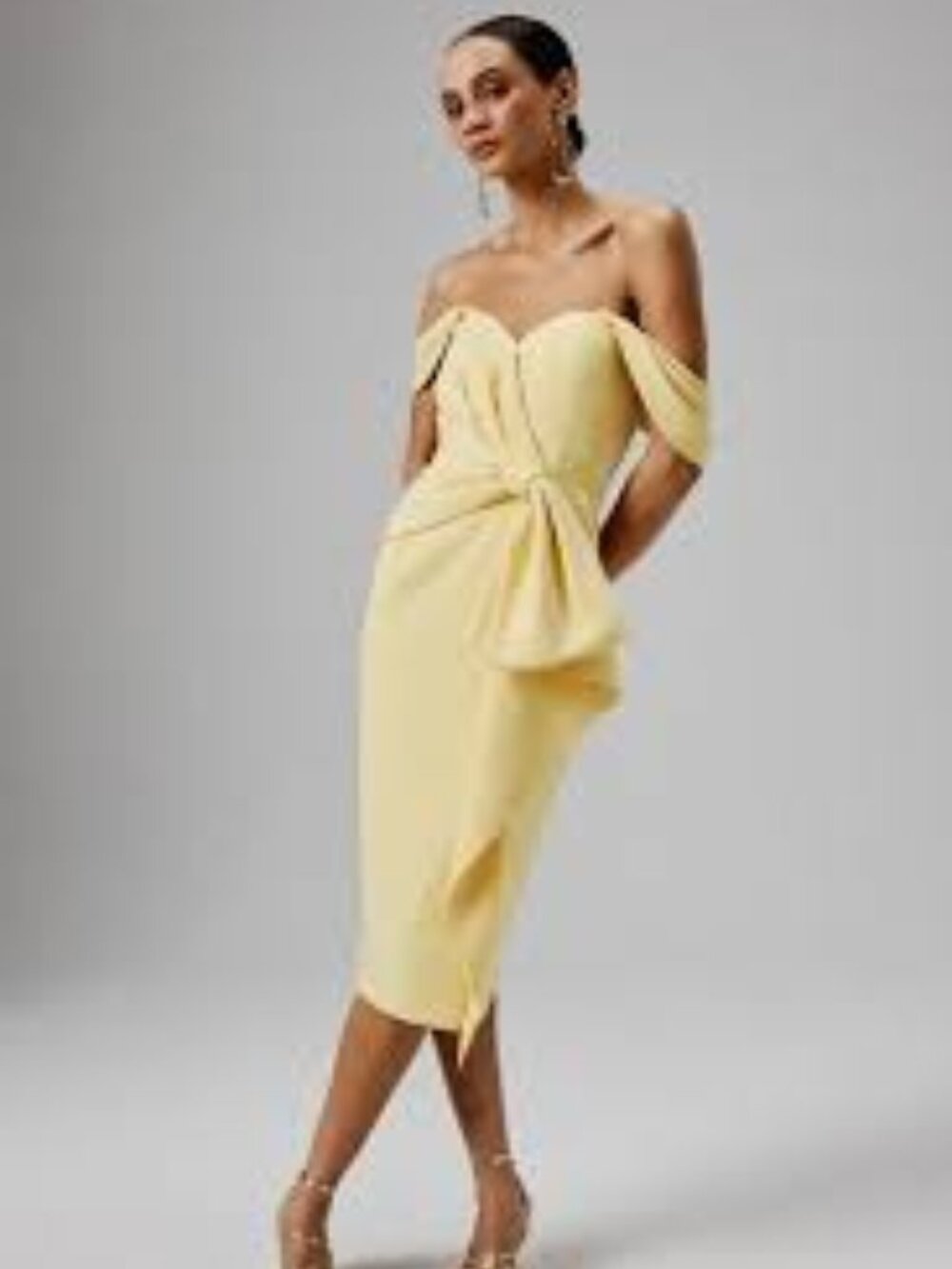 Lavish Alice LORI Off Shoulder Bow Detail Midi Dress in Yellow slit 8 medium